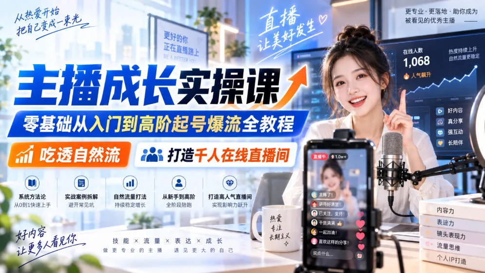 主播成长实操课｜零基础从入门到高阶起号爆流全教程，吃透自然流，打造千人在线直播间-梦帆创业网