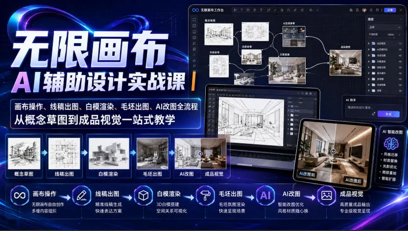 无限画布AI辅助设计实战课｜画布操作、线稿出图、白模渲染、毛坯出图、AI改图全流程，从概念草图到成品视觉一站式教学-梦帆创业网