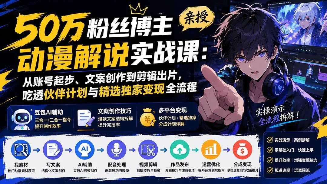 （20144期）50万粉丝博主亲授动漫解说实战课：从账号起步、文案创作到剪辑出片，吃透伙伴计划与精选独家变现全流程-梦帆创业网