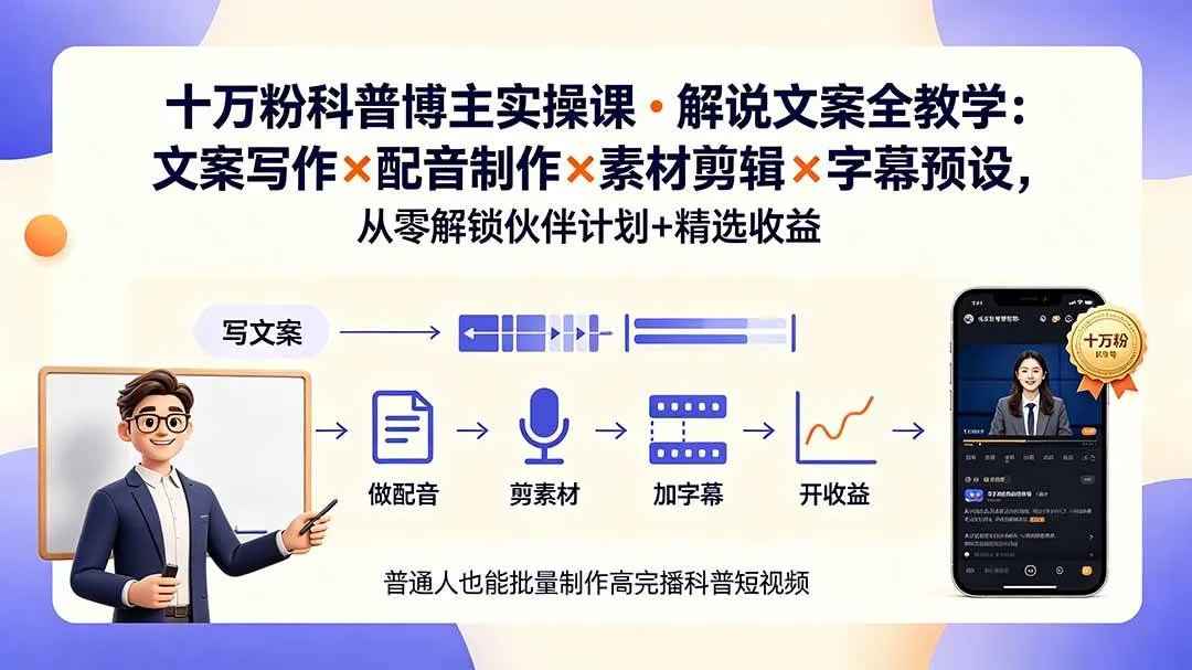 （19275期）10万粉科普博主实操课-解说文案全教学：文案写作×配音制作×素材剪辑×字幕预设，从零解锁伙伴计划+精选收益-梦帆创业网