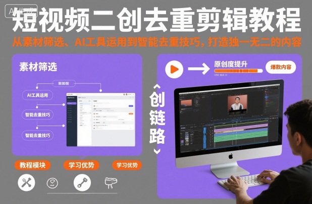 短视频二创去重剪辑教程，从素材筛选、AI工具运用到智能去重技巧，打造独一无二的内容-梦帆创业网