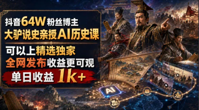 抖音64W粉丝博主大驴说史亲授AI历史课，可以上精选独家，全网发布收益更可观，单日收益1k+-梦帆创业网