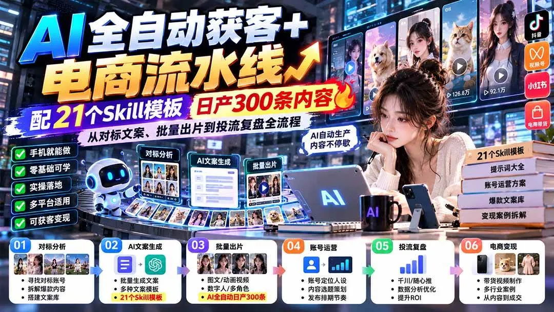 (20713期)【无水印】AI全自动获客+电商流水线-更新0929:配21个Skill模板,日产300条内容,从对标文案、批量出片到投流全流程 (20713期)【无水印】AI全自动获客+电商流水线-更新0929:配21个Skill模板,日产300条内容,从对标文案、批量出片到投流全流程