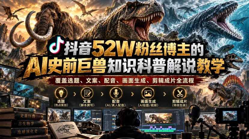 抖音52W粉丝博主的AI史前巨兽知识科普解说教学，覆盖选题、文案、配音、画面生成、剪辑成片全流程-梦帆创业网