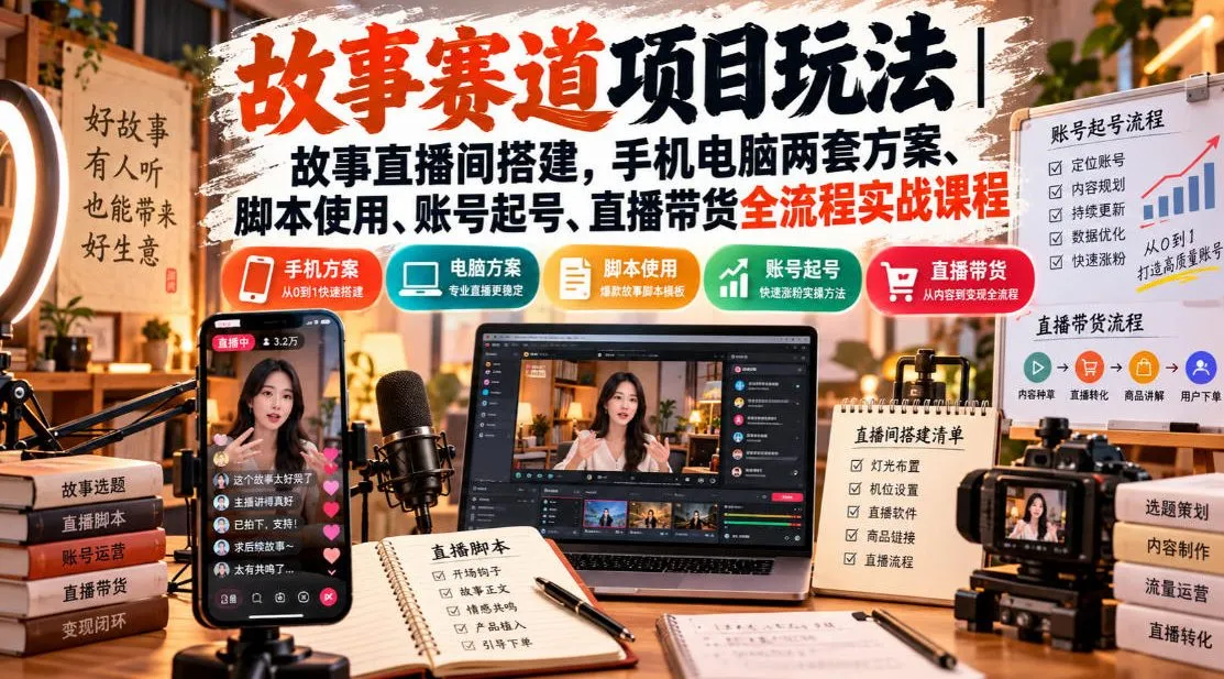 故事赛道项目玩法｜故事直播间搭建，手机电脑两套方案、脚本使用、账号起号、直播带货全流程实战课程-梦帆创业网