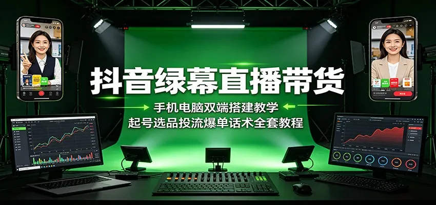 抖音绿幕直播带货：手机电脑双端搭建教学，起号选品投流爆单话术全套教程-梦帆创业网