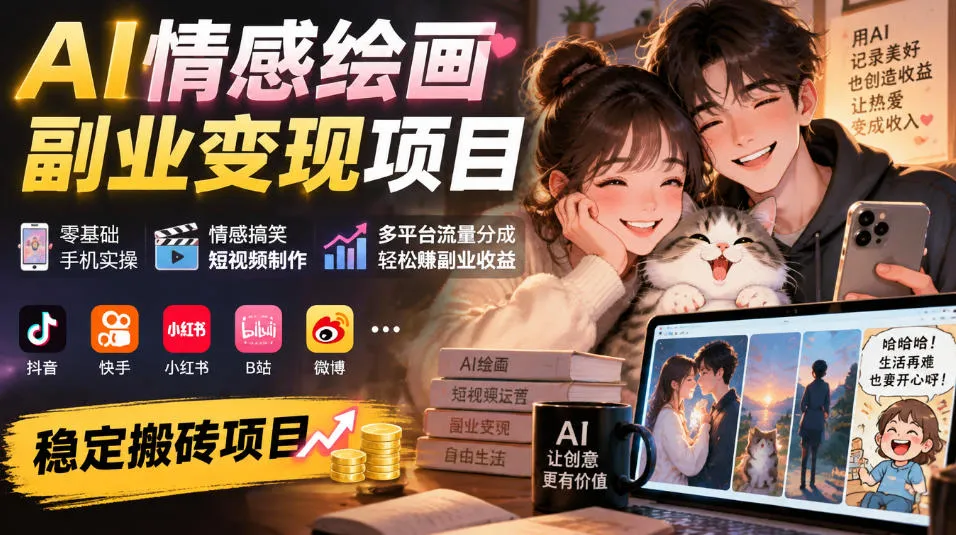 AI情感绘画副业变现项目｜零基础手机实操，情感搞笑短视频制作，多平台流量分成轻松賺副业收益-梦帆创业网