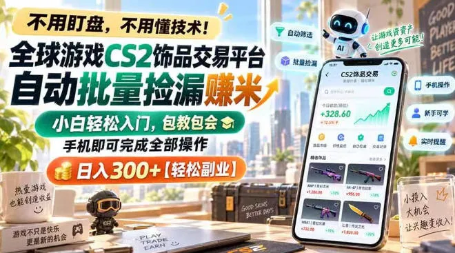 全球游戏CS2饰品交易平台自动批量捡漏賺米，小白轻松入门，包教包会，手机即可完成全部操作，日入300+【揭秘】-梦帆创业网