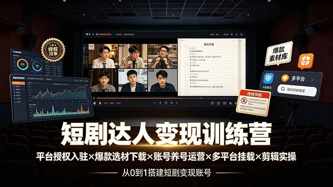 （19551期）短剧达人变现训练营：平台授权入驻×爆款选材下载×账号养号运营×多平台挂载×剪辑实操×违规处理全流程-梦帆创业网