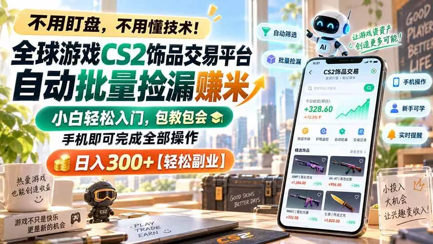 (20454期)全球游戏CS2饰品交易平台自动批量捡漏赚米,小白轻松入门,包教包会,手机即可完成全部操作,日入300+【轻松副业】 (20454期)全球游戏CS2饰品交易平台自动批量捡漏赚米,小白轻松入门,包教包会,手机即可完成全部操作,日入300+【轻松副业】