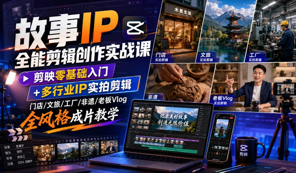 故事IP全能剪辑创作实战课｜剪映零基础入门+多行业IP实拍剪辑，门店/文旅/工厂/非遗/老板Vlog全风格成片教学-梦帆创业网