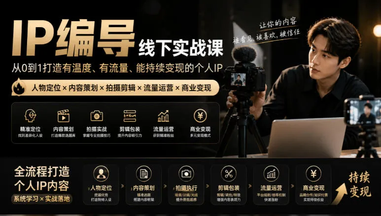 【无水印】IP编导线下实战课，从人物定位到短视频拍摄剪辑，全流程打造有温度、有流量、能持续变现的个人IP内容-梦帆创业网
