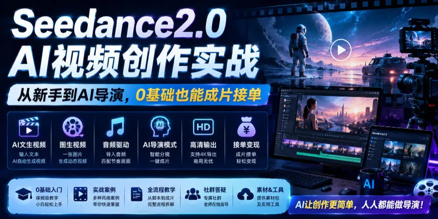 Seedance2.0 AI视频创作实战，从新手到AI导演，0基础也能成片接单变现-梦帆创业网