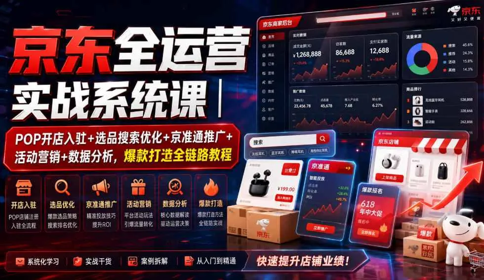 京东全运营实战系统课｜POP开店入驻+选品搜索优化+京准通推广+活动营销+数据分析，爆款打造全链路教程-梦帆创业网