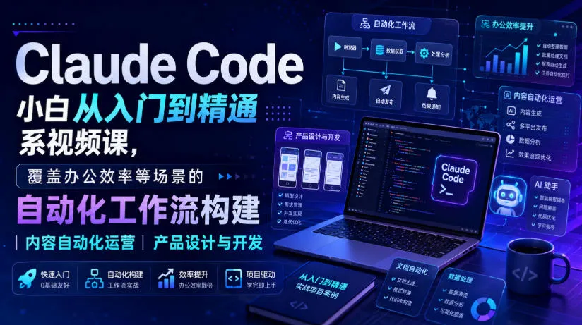 Claude Code小白从入门到精通系视频课,覆盖办公效率等场景的自动化工作流构建|内容自动化运营|产品设计与开发 Claude Code小白从入门到精通系视频课,覆盖办公效率等场景的自动化工作流构建|内容自动化运营|产品设计与开发