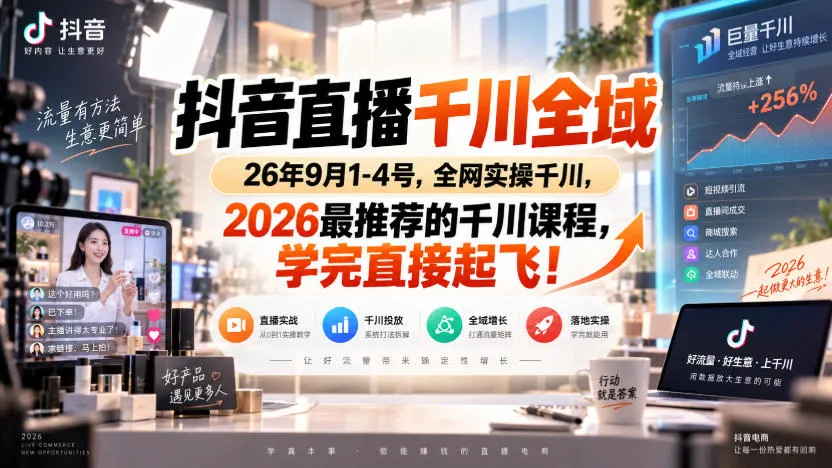 抖音直播千川全域26年9月1-4号，全网实操千川，2026最推荐的千川课程，学完直接起飞！-梦帆创业网
