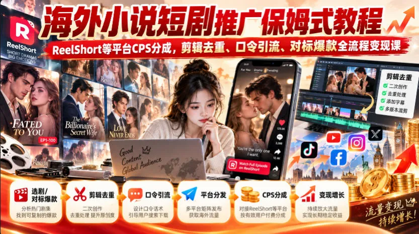 海外小说短剧推广保姆式教程｜ReelShort等平台CPS分成，剪辑去重、口令引流、对标爆款全流程变现课-梦帆创业网