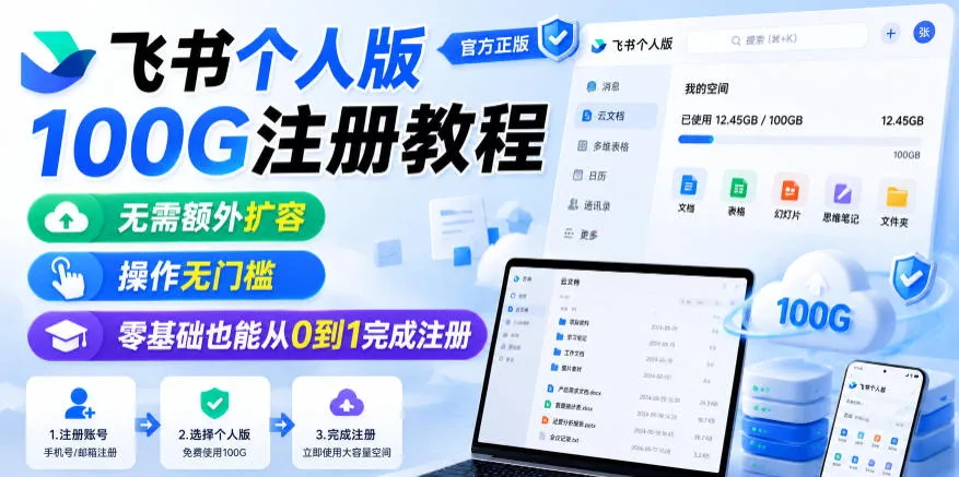 飞书个人版100G注册教程，无需额外扩容，操作无门槛，零基础也能从0到1完成注册-梦帆创业网