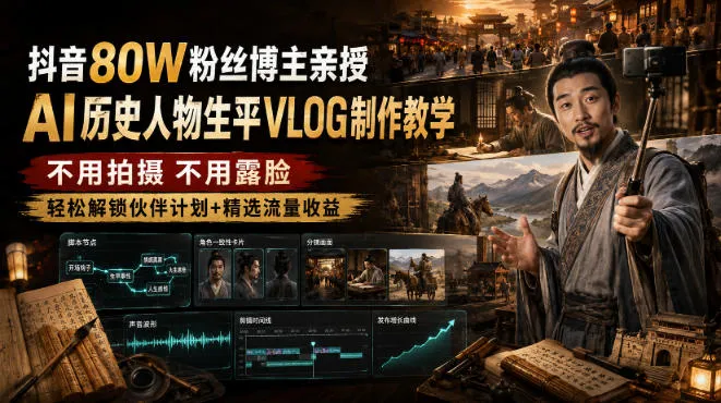 抖音80W粉丝博主的AI历史人物生平VLOG教学，不用拍摄不用露脸，AI帮你搞定，轻松解锁伙伴计划+精选收益-梦帆创业网