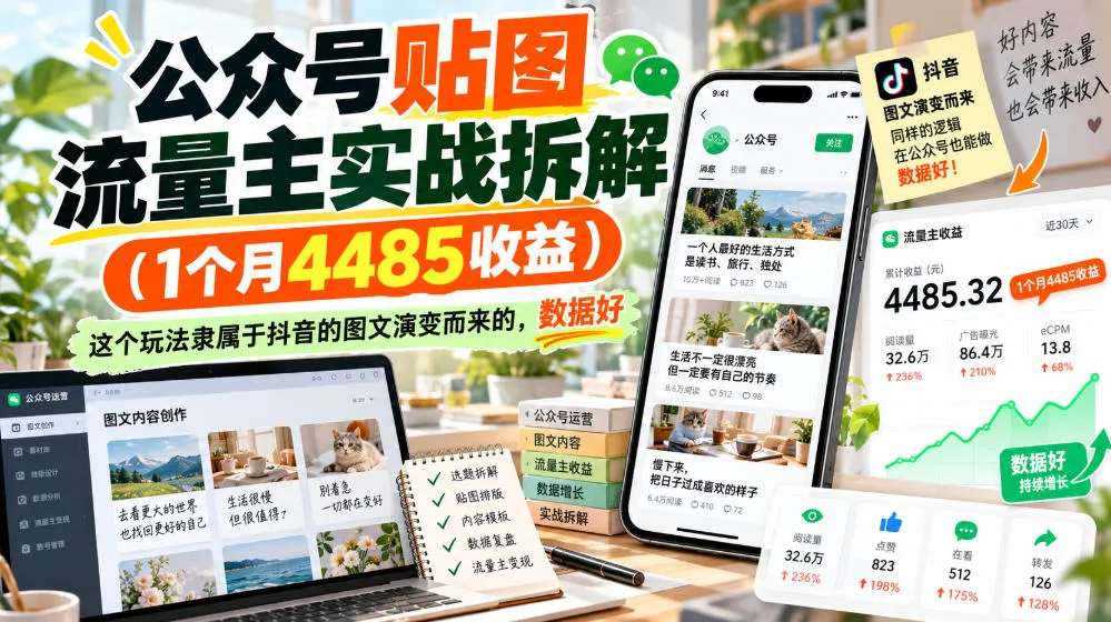 公众号贴图流量主实战拆解(1个月4485收益)，这个玩法隶属于抖音的图文演变而来的，数据好-梦帆创业网