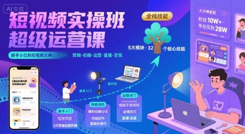 短视频实操班超级运营课，新手小白到短视频大神必修课程，剪辑-拍摄-运营-直播-变现-梦帆创业网