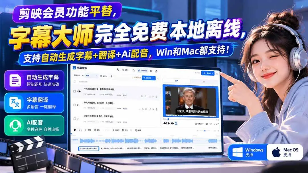 （20902期）剪映会员功能平替，字幕大师完全免费本地离线，支持自动生成字幕+翻译+Ai配音，Win和Mac都支持！-梦帆创业网