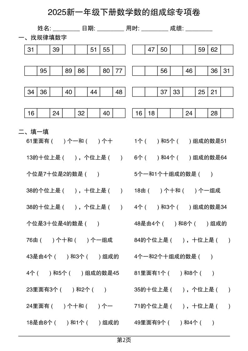 2025新一年级下册数学数的组成综专项卷25页-梦帆创业网