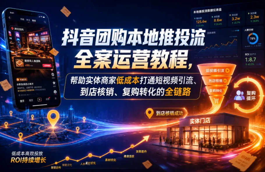 抖音团购本地推投流全案运营教程，帮助实体商家低成本打通短视频引流、到店核销、复购转化的全链路-梦帆创业网