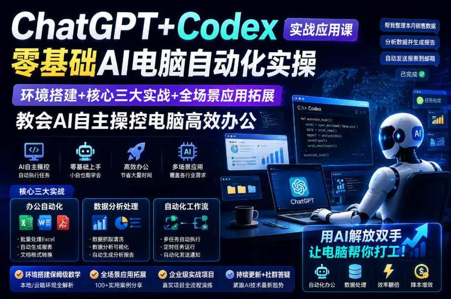 ChatGPT+Codex实战应用课｜零基础AI电脑自动化实操，环境搭建+核心三大实战+全场景应用拓展，教会AI自主操控电脑高效办公-梦帆创业网