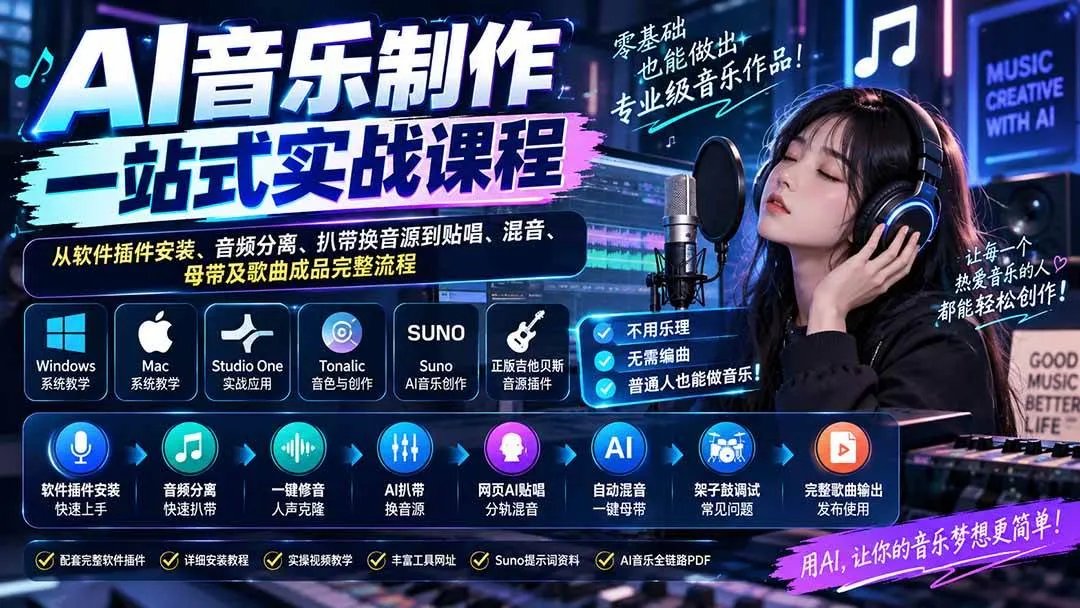 （20490期）AI音乐制作一站式实战课程：从软件插件安装、音频分离、扒带换音源到贴唱、混音、母带及歌曲成品完整流程