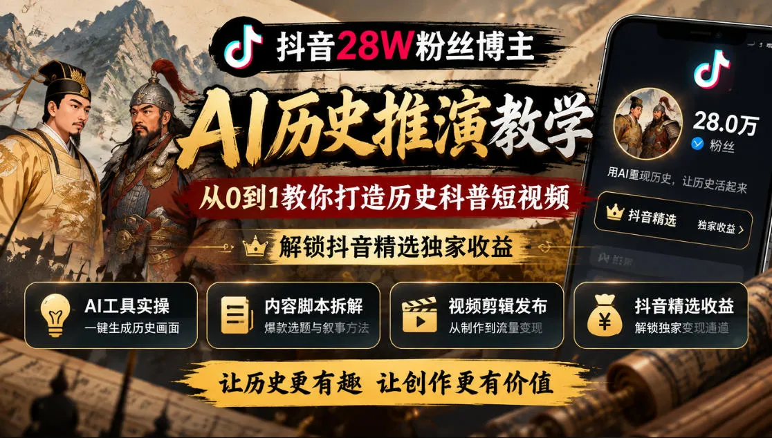抖音28W粉丝博主的AI历史推演教学,从0到1教你打造历史科普短视频,解锁抖音精选独家收益 抖音28W粉丝博主的AI历史推演教学,从0到1教你打造历史科普短视频,解锁抖音精选独家收益