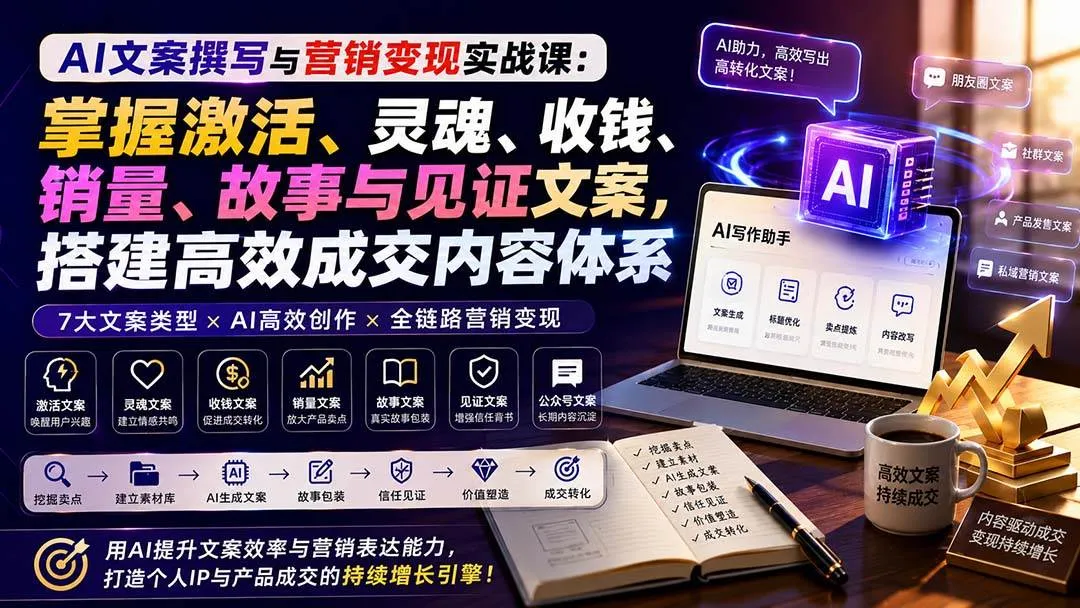 (20126期)AI文案撰写与营销变现实战课:掌握激活、灵魂、收钱、销量、故事与见证文案,搭建高效成交内容体系 (20126期)AI文案撰写与营销变现实战课:掌握激活、灵魂、收钱、销量、故事与见证文案,搭建高效成交内容体系