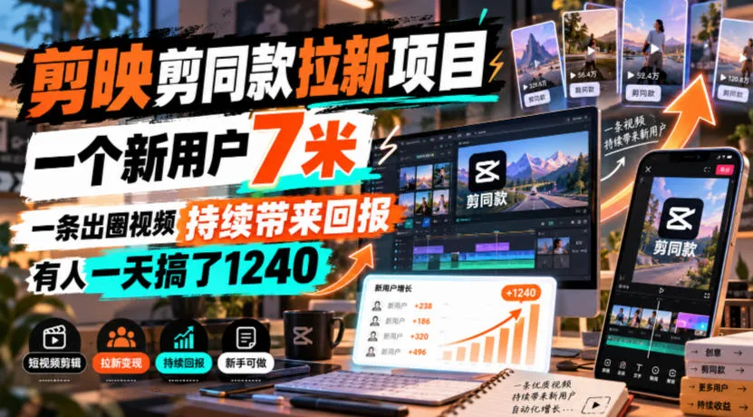 剪映剪同款拉新项目，一个新用户7米，一条出圈视频持续带来回报，有人一天搞了1240-梦帆创业网