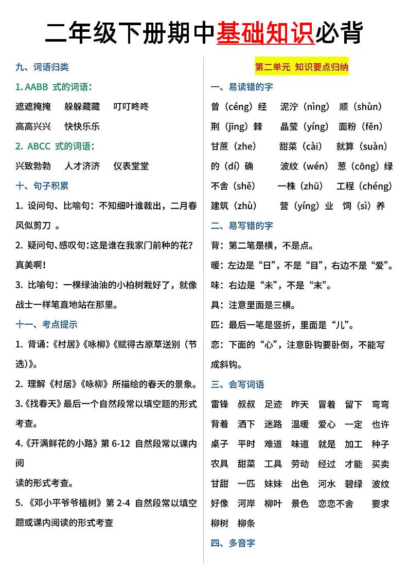 二年级语文下册期中基础知识必背5页-梦帆创业网