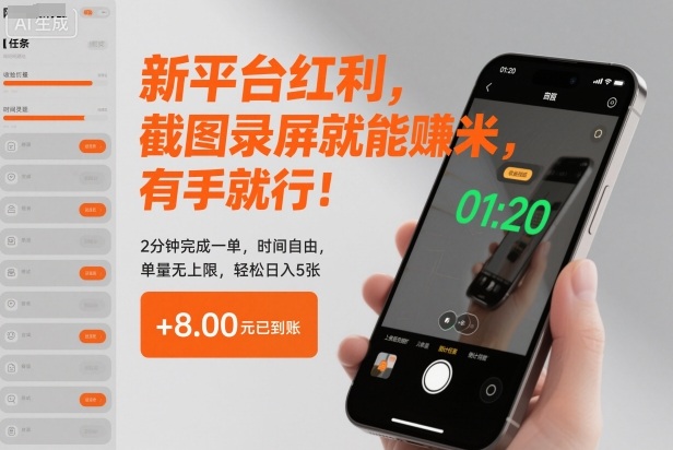 新平台红利，截图录屏就能賺米，有手就行！2分钟完成一单，时间自由，单量无上限，轻松日入5张【揭秘】-梦帆创业网
