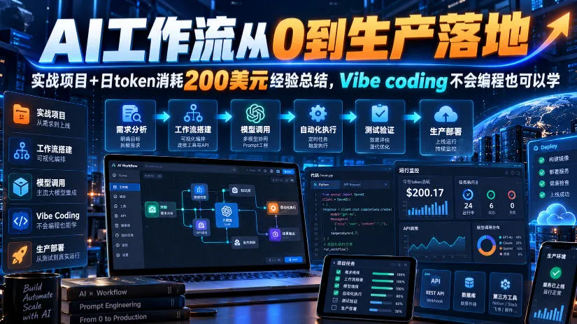 AI工作流从0到生产落地，实战项目+日token消耗200美刀经验总结，Vibe coding不会编程也可以学-梦帆创业网