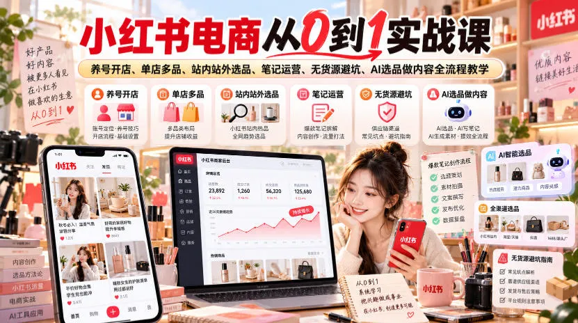 小红书电商从0到1实战课｜养号开店、单店多品、站内站外选品、笔记运营、无货源避坑、AI选品做内容全流程教学-梦帆创业网