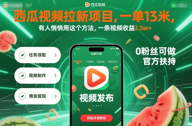 西瓜视频拉新项目，一单13米，有人悄悄用这个方法，一条视频收益2.5w+（附详细教程）-梦帆创业网