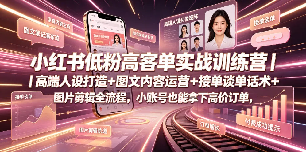 小红书低粉高客单实战训练营｜高端人设打造+图文内容运营+接单谈单话术+图片剪辑全流程，小账号也能拿下高价订单-梦帆创业网