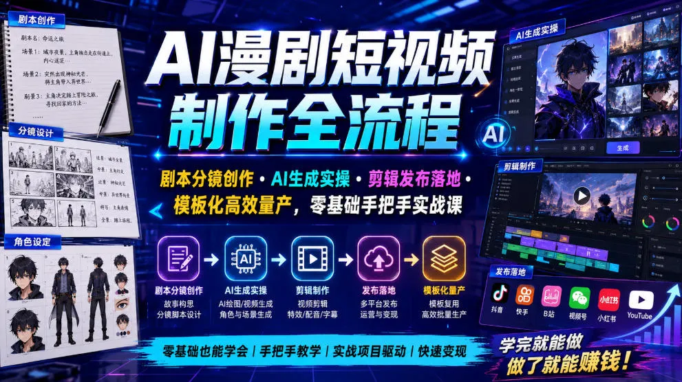 AI漫剧短视频制作全流程｜剧本分镜创作・AI生成实操・剪辑发布落地・模板化高效量产，零基础手把手实战课-梦帆创业网