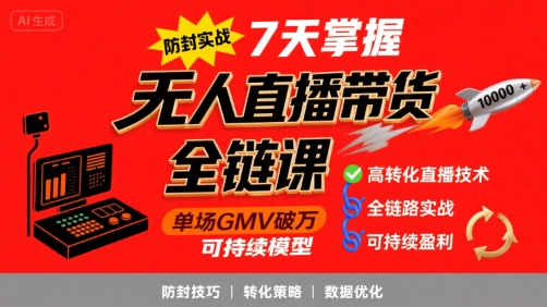 无人直播带货全链防封实战课，7天掌握高转化直播技术，实现单场GMV破万可持续模型-梦帆创业网