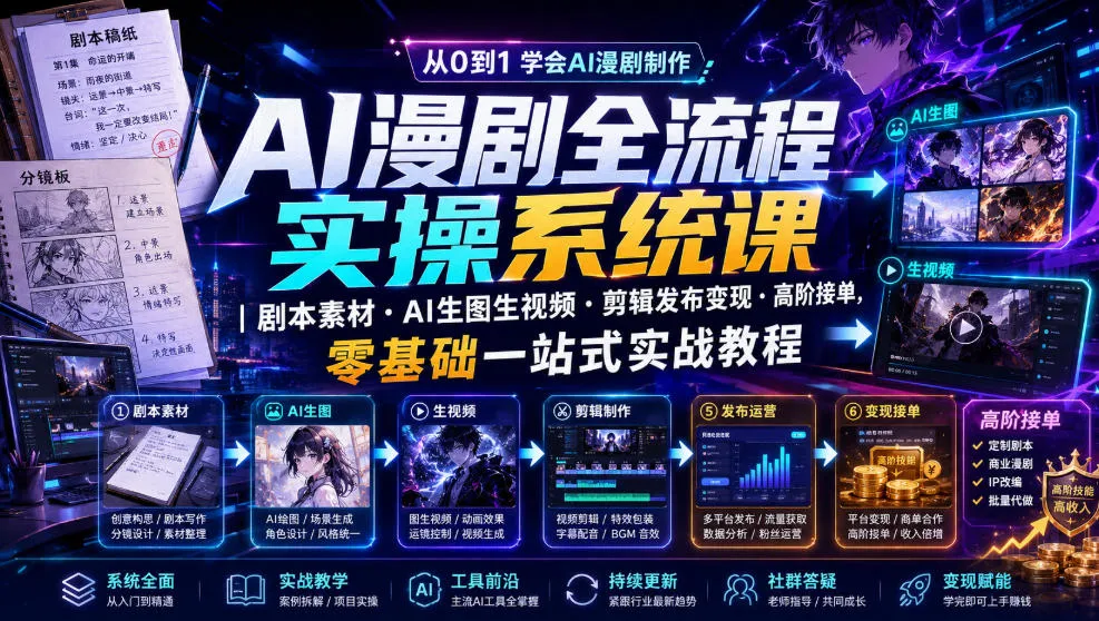 AI漫剧全流程实操系统课｜剧本素材・AI生图生视频・剪辑发布变现・高阶接单，零基础一站式实战教程-梦帆创业网
