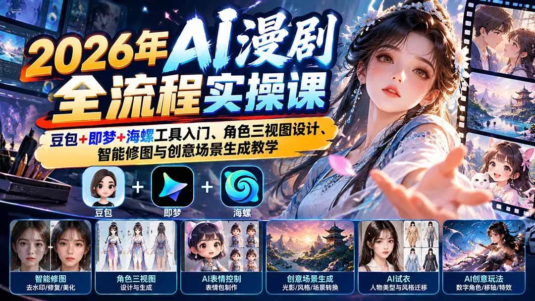(21077期)2026年AI漫剧全流程实操课:豆包+即梦+海螺工具入门、角色三视图设计、智能修图与创意场景生成教学 (21077期)2026年AI漫剧全流程实操课:豆包+即梦+海螺工具入门、角色三视图设计、智能修图与创意场景生成教学