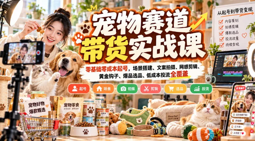 宠物赛道带货实战课，零基础零成本起号，场景搭建、文案拍摄、网感剪辑、黄金钩子、爆品选品、低成本投流全覆盖-梦帆创业网