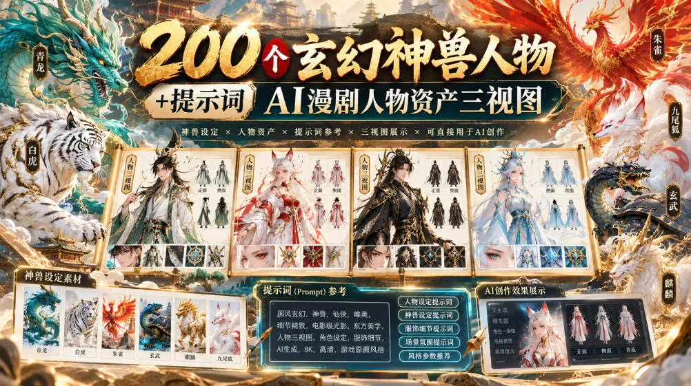 200个玄幻神兽人物+提示词ai漫剧人物资产三视图-梦帆创业网