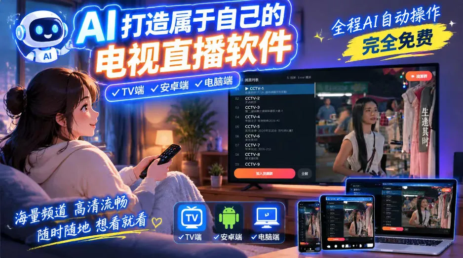 一个提示词，AI全自动做出电视直播软件，电脑、安卓、电视三端通用，完全免费，画质流畅不卡顿-梦帆创业网