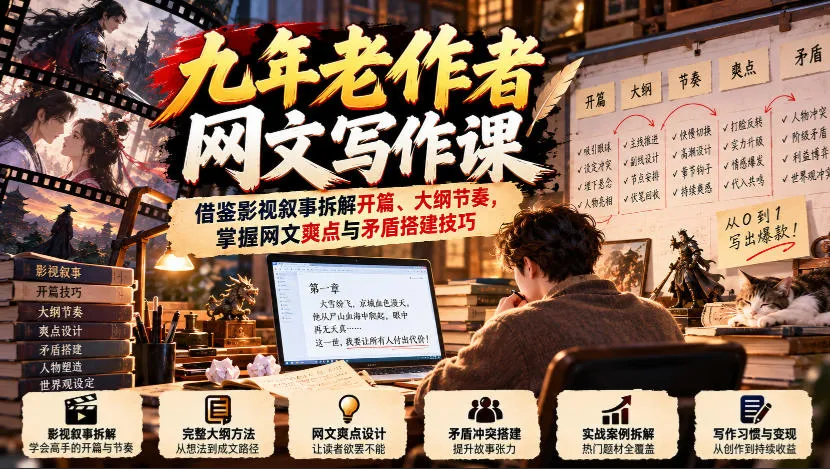 九年老作者网文写作课：借鉴影视叙事拆解开篇、大纲节奏，掌握网文爽点与矛盾搭建技巧-梦帆创业网
