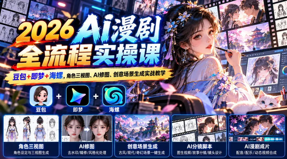 【无水印】2026 AI漫剧全流程实操课｜豆包+即梦+海螺，角色三视图、AI修图、创意场景生成实战教学-梦帆创业网