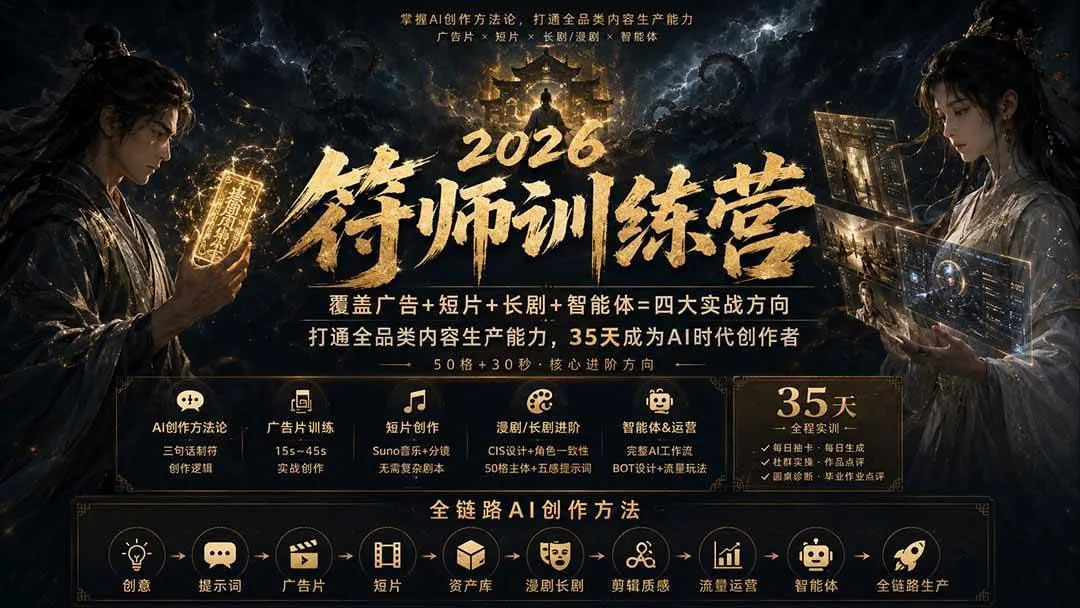 （20179期）符师训练营-35天成为AI时代创作者，广告+短片+漫剧+智能体四大实战方向，掌握从创意到上线的完整工作流-梦帆创业网