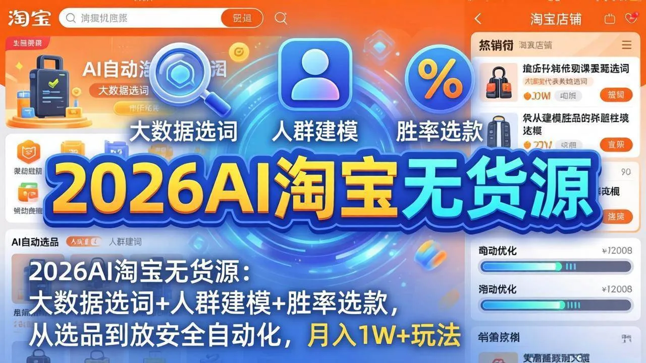 （17812期）2026AI淘宝无货源：大数据选词+人群建模+胜率选款，从选品到放大全自动化，月入1W+玩法-梦帆创业网